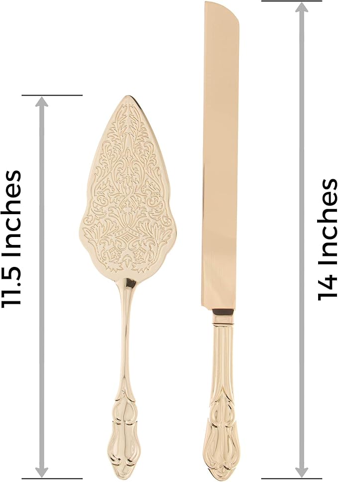 Ella Celebration Cake Knife & Server Set, Wedding, Anniversary, Vintage Party Supplies Dessert Gift Set (Elegant Light Gold)