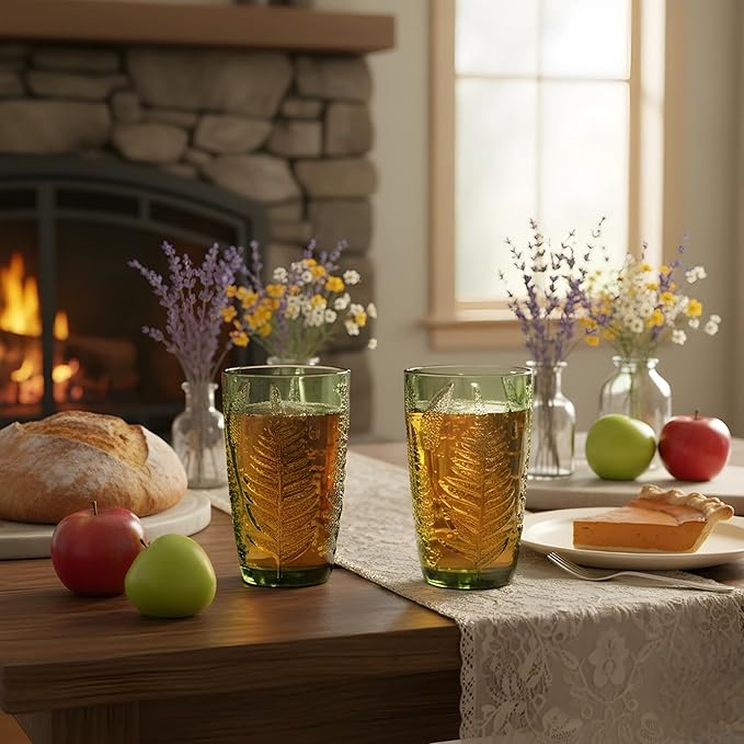 Green Drinking Glasses Set of 4, 12 oz Handcrafted Vintage Drinking Glasses, Fern Embossed Antique Glassware, Boho Aesthetic Textured Glass Cups, Colored Highball Tumblers, Retro Drinkware Gift Set