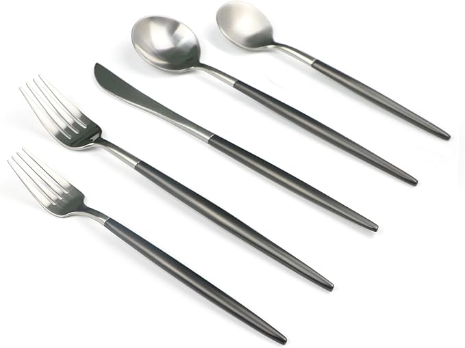 20-Pieces Luxury Black Handle Silver 18/10 Stainless Steel Flatware Set, Matte Finish, Service for 4