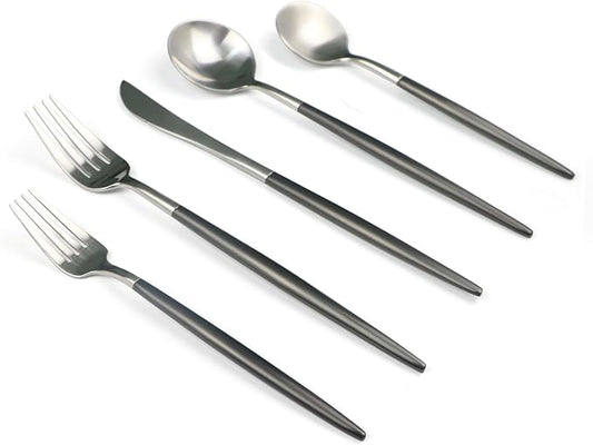 20-Pieces Luxury Black Handle Silver 18/10 Stainless Steel Flatware Set, Matte Finish, Service for 4