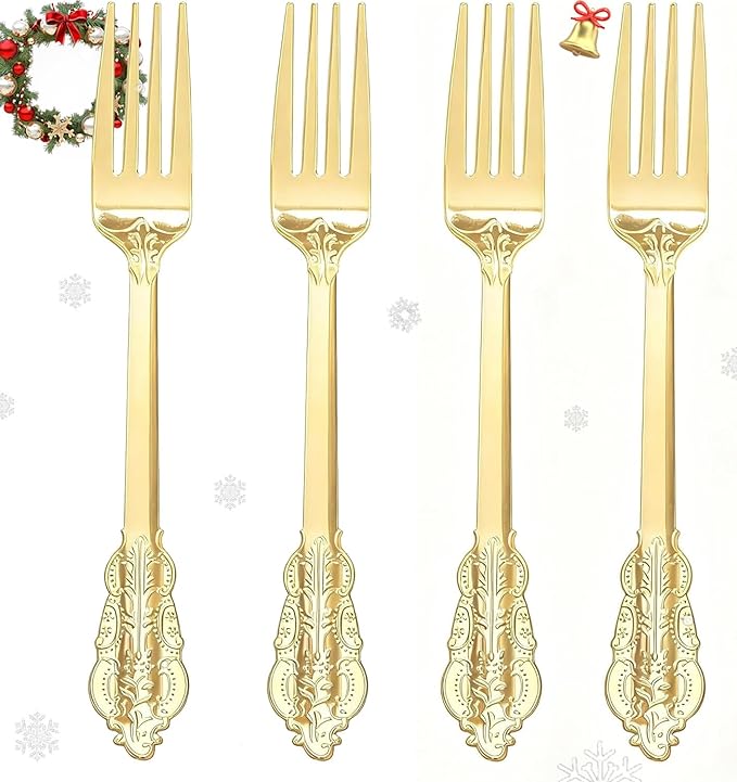 WDF 100 Piece Gold Forks Disposable - 7.48 Inch Gold Plastic Forks - Baroque Plastic Silverware for Dessert Cake - Heavy Duty Thanksgiving for Party, Wedding or Daily Using