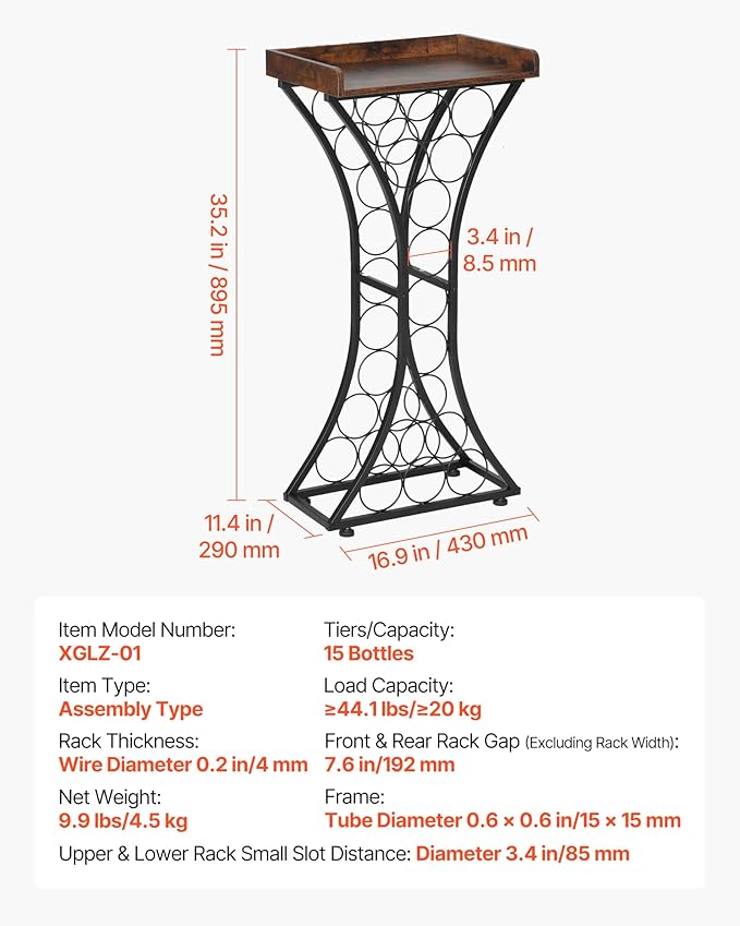 VEVOR 15 Bottle Wine Rack, Freestanding Floor Wine Holder Stand Liquor Cabinet with Wood Tabletop, Easy Assembly Floor Storage Rack, for Home Bar Kitchen Living Room Dining Room, Black