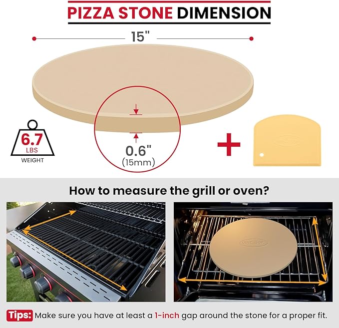 Unicook Pizza Stone for Grill Oven, 15 Inch Round Baking Stone, Heavy Duty Cordierite Bread Cooking Pan, Thermal Shock Resistant, Ideal for Making Crisp Crust Pizza, Bread and More, Includes Scraper