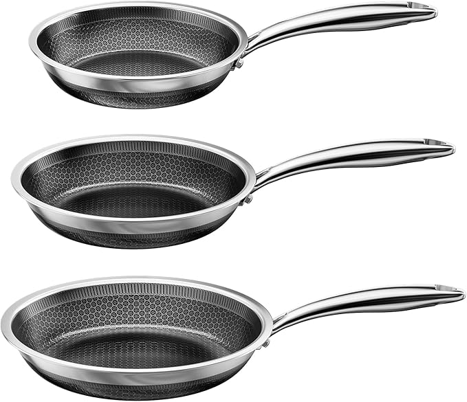 Fogdream 8"10"12" Stainless Steel Pan, Non Stick Frying Skillet, Tri-Ply Stainless Steel for All Cooktops, Dishwasher and Oven-Safe Cooking Pan, Stay-Cool Handle, Silver