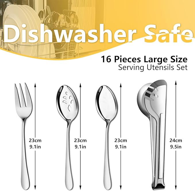 Pleafind 16 PCS Serving Utensils, Stainless Steel Serving Utensils Set with Serving Spoons, Slotted Serving Spoons, Serving Forks and Serving Tongs, Serving Utensils for Parties Buffet Banquet