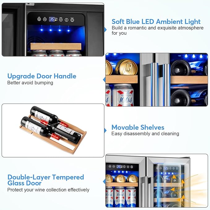 Wine and Beverage Refrigerator with Glass Door, 24-Inch Dual Zone Wine Fridge Under Counter - 18 Bottle and 88 Can Large Capacity Led Blue Light Smart Fast Cooling Wine Cooler