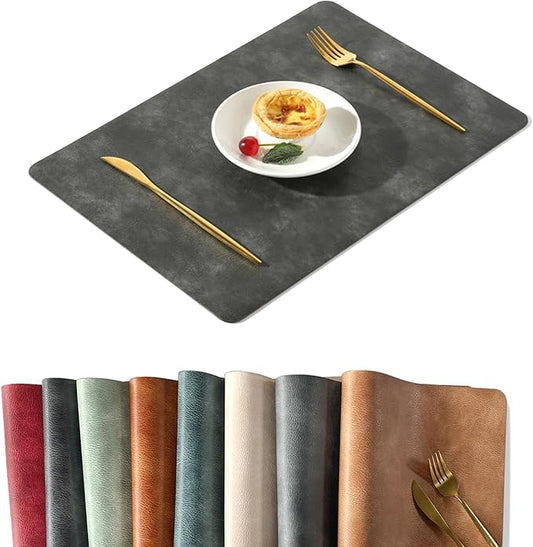 UnivoColors Washed Cowhide Pattern PU Leather Placemats Set of 6 Heat Resistant Kitchen Table Mats, Waterproof Wipeable for Party Decoration(Black)