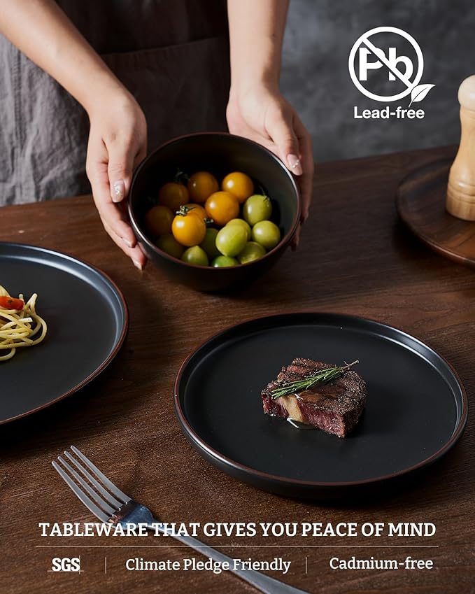 Famiware Mercury Dinnerware Sets with Mugs, Service for 4 (16 Pieces), Plates and Bowls Sets, Microwave and Dishwasher Safe Dishes Set, Matte Black