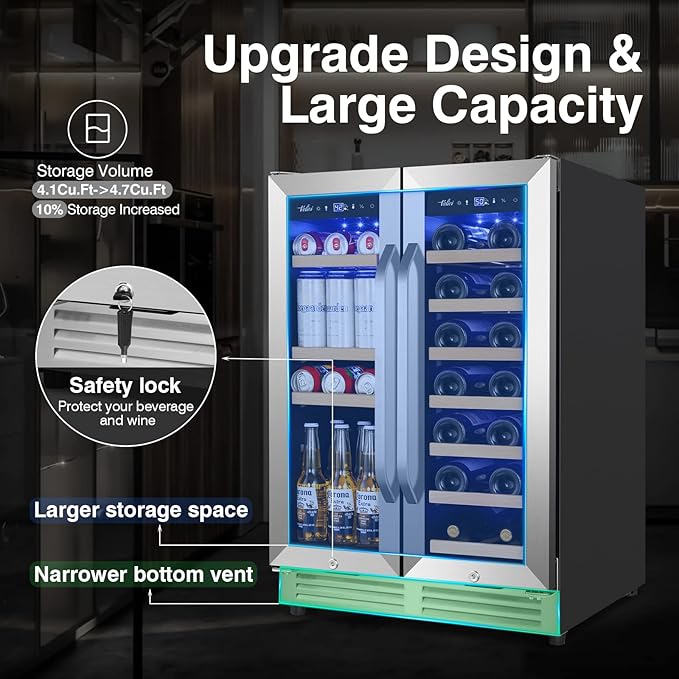 Wine and Beverage Refrigerator Upgraded, 24 Inch Beverage Refrigerator Cooler Dual Zone with Glass Door, Under Counter or Freestanding Beverage Fridge with Large Capacity, Advanced Cooling System