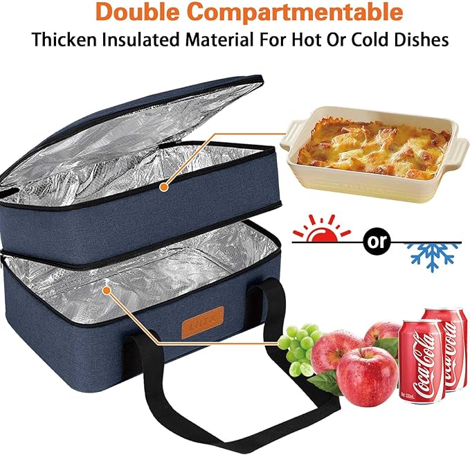 LHZK Double Insulated Casserole Carrier for Hot or Cold Food, Lasagna Holder Tote for Potluck Parties, Beach, Picnic, Travel, Fits 11x15 or 9x13 Dish (Blue)