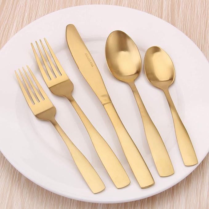 Matte Gold Silverware Set, Satin Finish 40-Piece Stainless Steel Flatware set, Tableware Cutlery Set Service for 8, Utensils for Kitchens, Dishwasher Safe