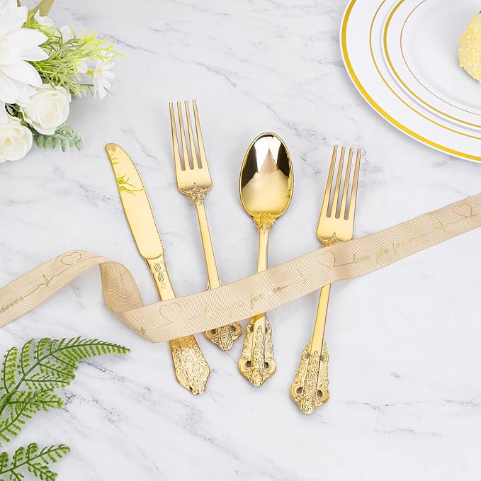 WDF 120PCS Gold Plastic Silverware - Heavy Duty Gold Plastic Cutlery Set Disposable Utensils - 40 Forks, 40 Spoons, 40 Knives, Perfect for Thanksgiving Party/Weeding and Daily Use