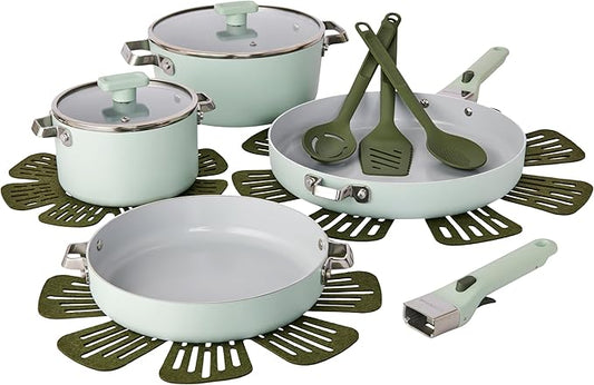 GoodCook Ceramic Cookware Set 14-Piece with Removable Handles, Nonstick Pots & Pans, Induction & Oven Safe, Sage Green