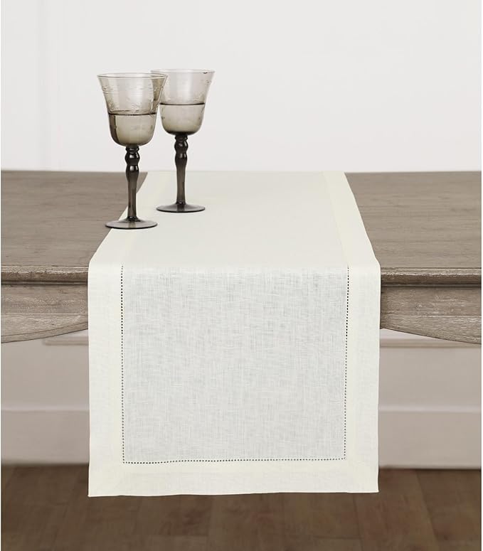 Solino Home Linen Ivory Table Runner 72 Inches Long - 100% Pure Linen Hemstitch Table Runner 14 x 72 Inch for Dresser, Dining, Holiday, New Year - Classic Hemstitch