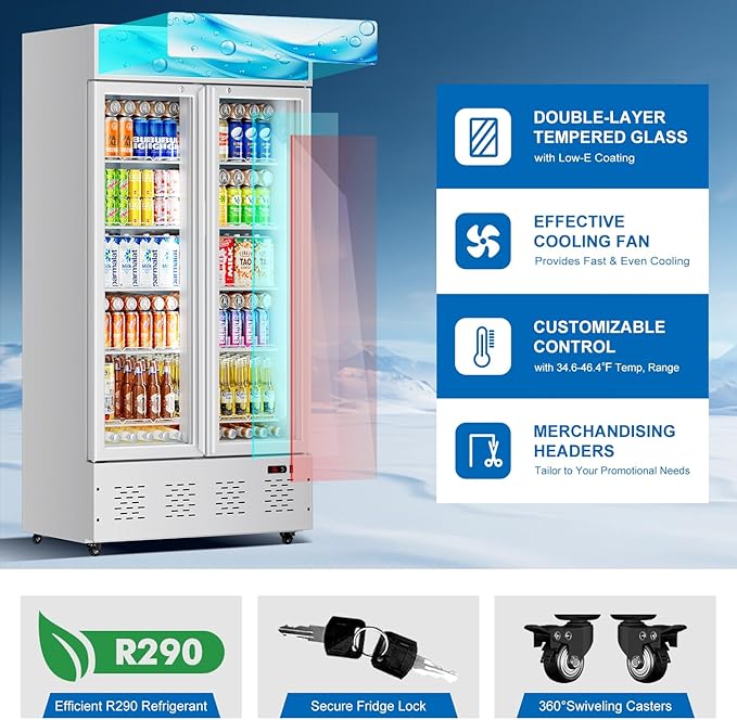 30 Cu.ft Commercial Beverage Refrigerators Glass Door Refrigerator Commercial with LED Light and 10 Shelves, Display Refrigerator for Restaurant Store Cafe Bar, White