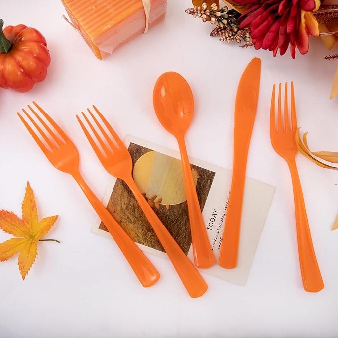 NOCCUR 180PCS Thanksgiving Plastic Silverware Disposable - Orange Plastic Cutlery Include 60 Forks, 60 Spoons, 60 Knives Ideal for Fall Party&Thanksgiving