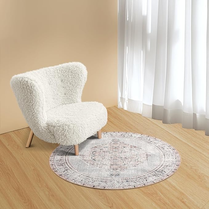 Easy-Going Round Area Rug 3ft Washable Boho Small Circle Rugs for Living Room Non-Slip Bedroom Rug Low Pile Lightweight Vintage Distressed Throw Rug for Dining Room Kitchen Home Office, Grey Brick