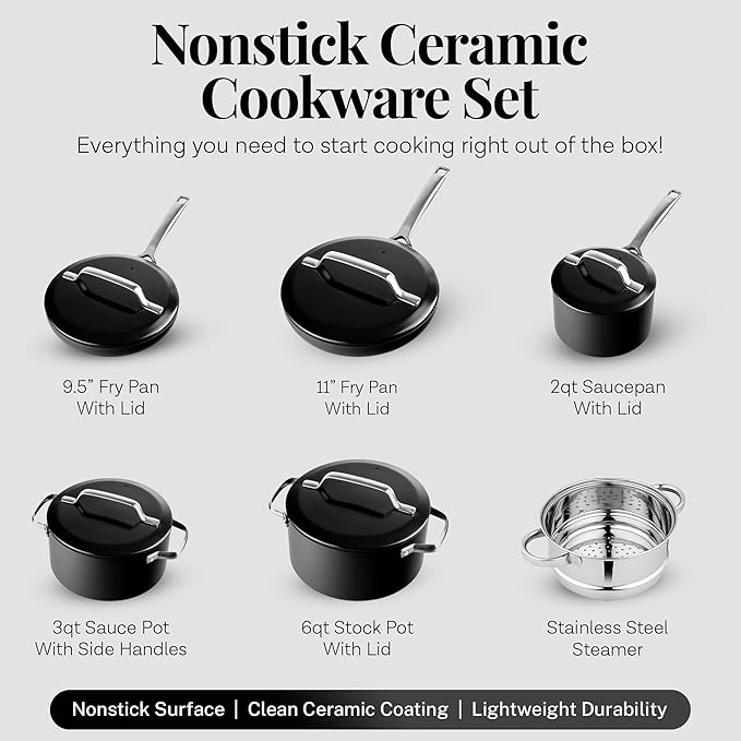 Gotham Steel Modern 11 Pc Ceramic Pots and Pans Set Non Stick, Professional Elegant Kitchen Cookware Sets with Steamer for Cooking, Non Toxic Made without PFOS PFOS, Dishwasher & Oven Safe
