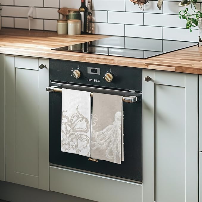 Coastal Beige Octopus Beach Decor Dish Hand Tea Towels for Bathroom Kitchen, Girly Octopus Ocean Nautical Beachy Bathroom Decor, Coastal Kitchen Towels and Dishcloths Sets of 2, 16x24 Inch