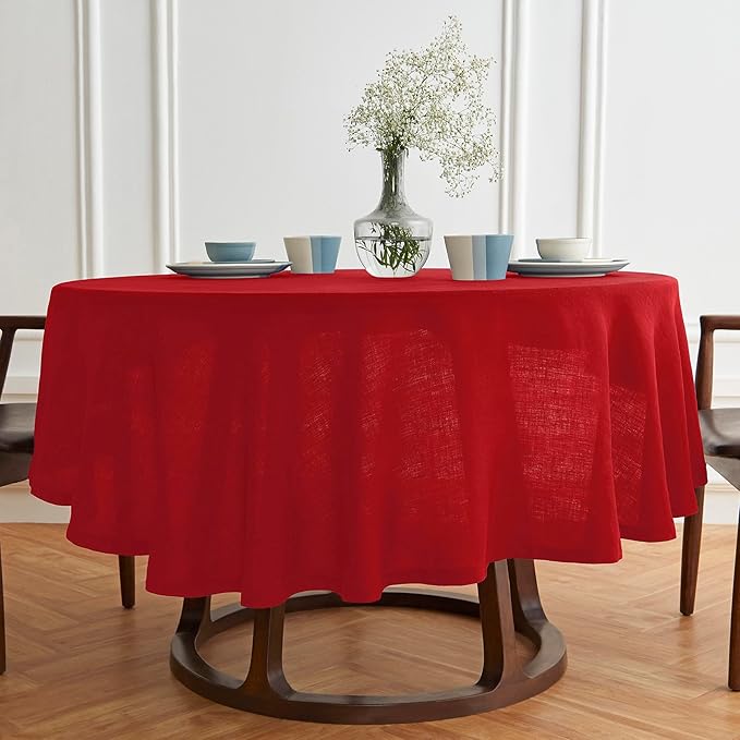 Solino Home Linen 60 Inch Round Tablecloth - 100% Pure Linen Red Round Tablecloth - Machine Washable Table Cloth for Valentines, Holiday, New Year - Sonoma