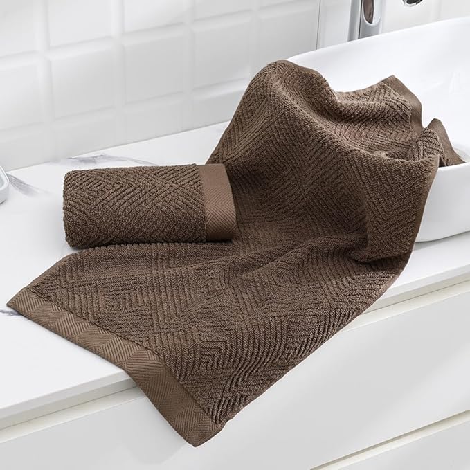 sense gnosis Chocolate Hand Towel Set of 2 Premium 100% Cotton Herringbone Striped Weave Ultra Soft Highly Absorbent Hand Towel for Bathroom 13 X 29 Inch
