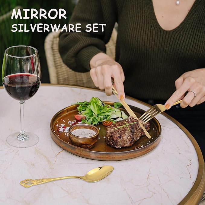 40 Piece Gorgeous Retro Royal Gold Silverware Set for 8, Premium Stainless Steel Flatware Set with gift box, Mirror Polished Cutlery Set Including Spoons and Forks, Vintage Utensils, Dishwasher Safe