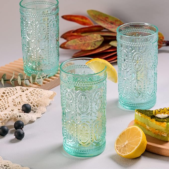 6 Pack Highball Embossed Beverage Glass Cup, 12oz Green Glassware Drinking, Vintage Drinking Glasses, Colored Water Glasses for Party Wedding Home Office and Gift