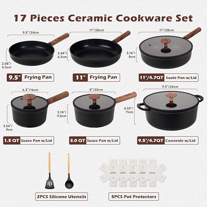 JEETEE Ceramic Cookware Sets 17 pcs, Healthy Pots and Pans Set Non Stick, Induction Kitchen Cooking Set with Removable Handles, Stackable Pots Pans, Oven Safe, PFOA/PFOS Free, Black
