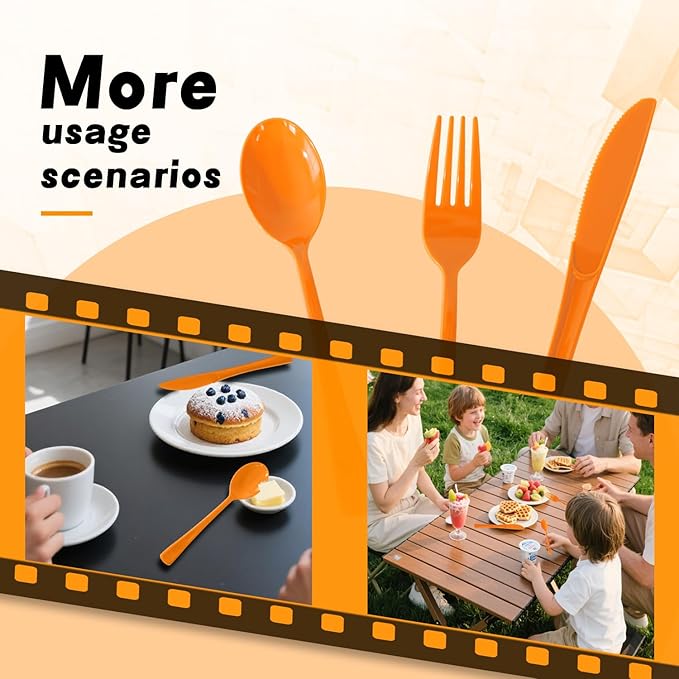 300 Pack Disposable Plastic Silverware, Heavy Duty Orange Plastic Cutlery Set Includes 100 Forks 100 Knives 100 Spoons for Birthday Wedding Party Picnics (300, Orange)