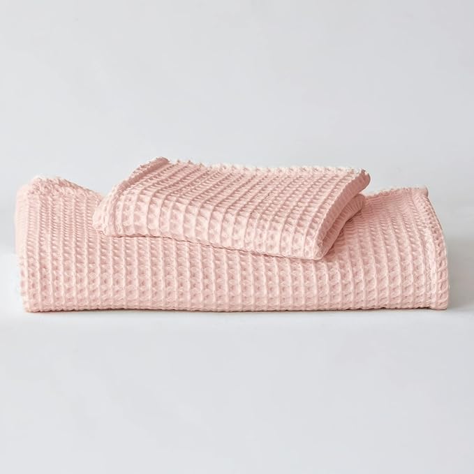 2-Piece Waffle Towels Set for Bathroom Pink - Soft 100% Turkish Cotton Quick-Dry Lint-Free Waffle Weave Thin Bath and Hand Towels (Light Pink, Set of 2 Mix Towels)