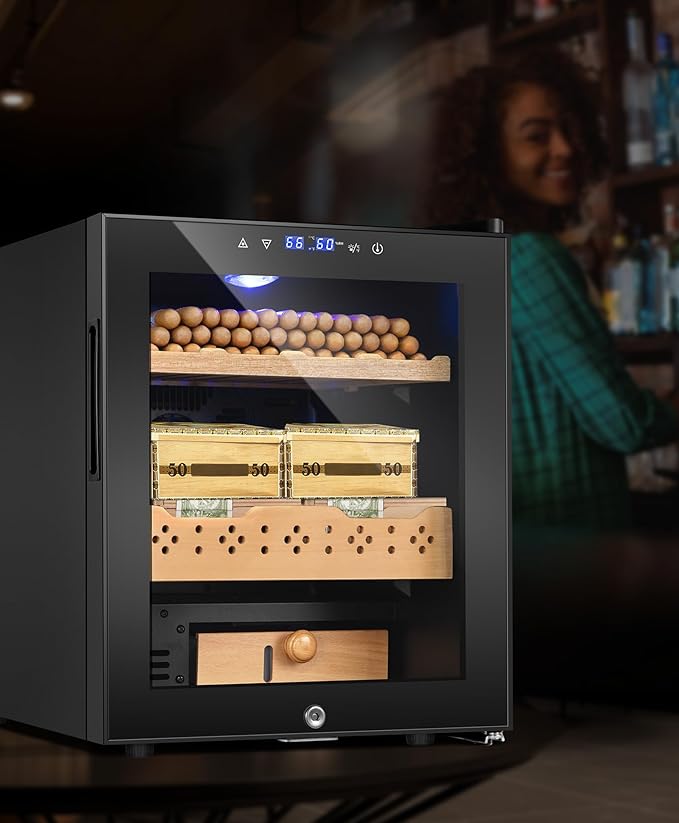 Electric Cooler Cabinet Desktop Cabinet 50L with Professional Temperature and Humidity Digit Control System Spanish Wood Shelves 350 Capacity for Home Office Gift