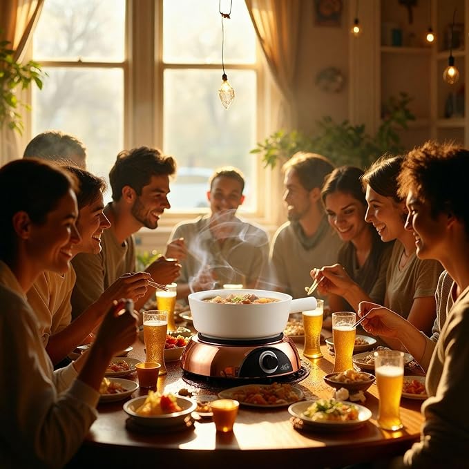 Artestia Electric Fondue Pot 2-QT 1500W, Dual-Use Swiss Fondue Set for Cheese & Chocolate Melting, Adjustable Temperature Control, White Ceramic Pot with Rose-Gold Base & 6 Forks