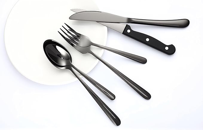 Elegant Tableware Set, 24-Piece Black Silverware Set with Steak Knives, Black Flatware Set For 4, Food-Grade Stainless Steel Set, Dishwasher Safe, Elegant Home Tableware And Dining Utensils