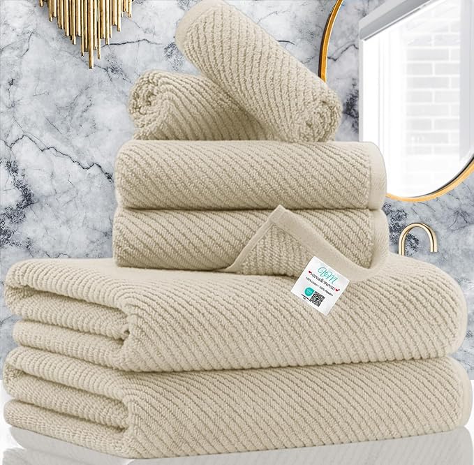 VOOVA & MOVAS Bath Towel Sets - 100% Cotton | Quick Dry | Light Weight | Thick | Soft, Beige Towels Set of 6, 2 Large Bath 30" x 56", 2 Hand 18" x 28", 2 Washcloths 13" x 13", Tan Towel Gift Set