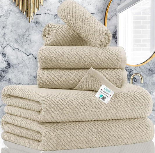 VOOVA & MOVAS Bath Towel Sets - 100% Cotton | Quick Dry | Light Weight | Thick | Soft, Beige Towels Set of 6, 2 Large Bath 30" x 56", 2 Hand 18" x 28", 2 Washcloths 13" x 13", Tan Towel Gift Set