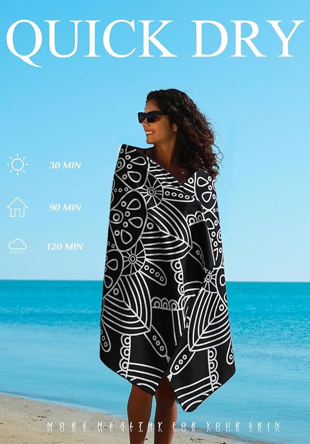 2 Pack Microfiber Lightweight Thin Beach Towel Sand Free Quick Dry Super Absorbent Large Towels for Swimming Pool Yoga Gym Travel Vacation Beach Accessories Essentials Black