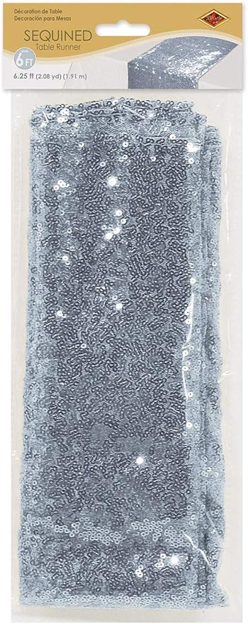 Beistle Sequined Fabric Table Runner Wedding Decorations Anniversary Party Supplies New Year's Eve Tableware, 75" x 11.25", Silver