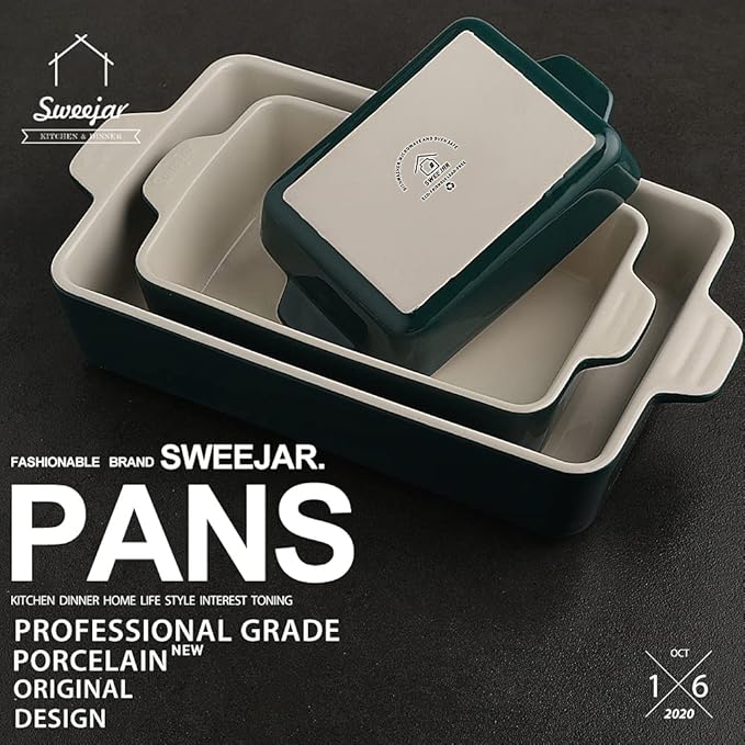 Sweejar Ceramic Bakeware Set, Rectangular Baking Dish Lasagna Pans for Cooking, Kitchen, Cake Dinner, Banquet and Daily Use, 11.8 x 7.8 x 2.76 Inches of Casserole Dishes (Jade)