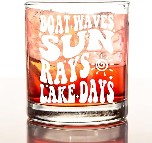 kunlisa Lake House Gifts Whiskey Glasses, Lake Lovers Gifts, Boat Waves Sun Rays Lakes Days 10 oz Drinking Rocks Glasses for Women Men Whisky Cocktail Scotch Bourbon Liquor