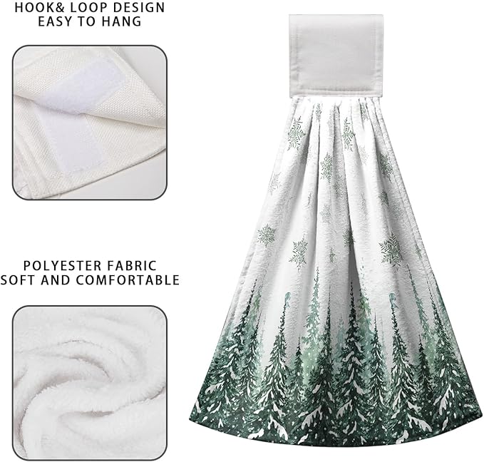Winter Pine Trees Hanging Kitchen Towels 2pcs Snowflakes Hand Towel with Hanging Loop Winter Green Snow Tie Towels Soft Absorbent Dish Towel Decorative for Kitchen Farmhouse