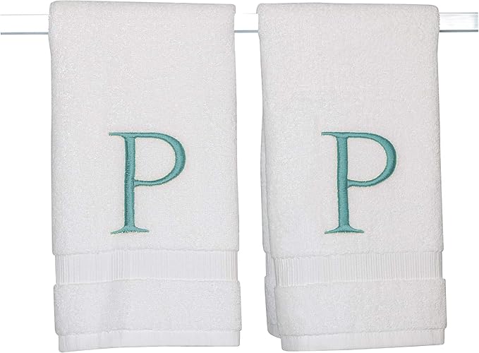 Teal Monogrammed Hand Towel for Bathroom - Initial Hotel Quality Decorative Embroidered Luxury Towel for Powder Room, Spa - GOTS Organic Certified - Pack of 2, Letter P