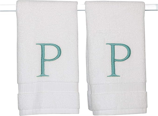 Teal Monogrammed Hand Towel for Bathroom - Initial Hotel Quality Decorative Embroidered Luxury Towel for Powder Room, Spa - GOTS Organic Certified - Pack of 2, Letter P