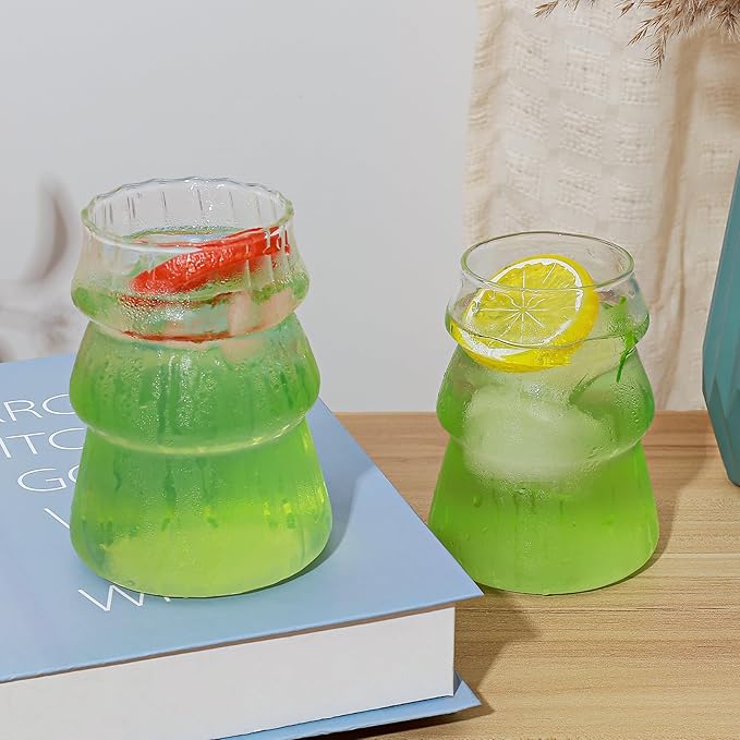 Koythin 2-Piece Ribbed Glass Cups, Vintage Drinking Glassware for Iced Coffee Juice Cocktails Milk Tea Beer, 16 oz/450 ml Cute Bubble Cup (Trees)