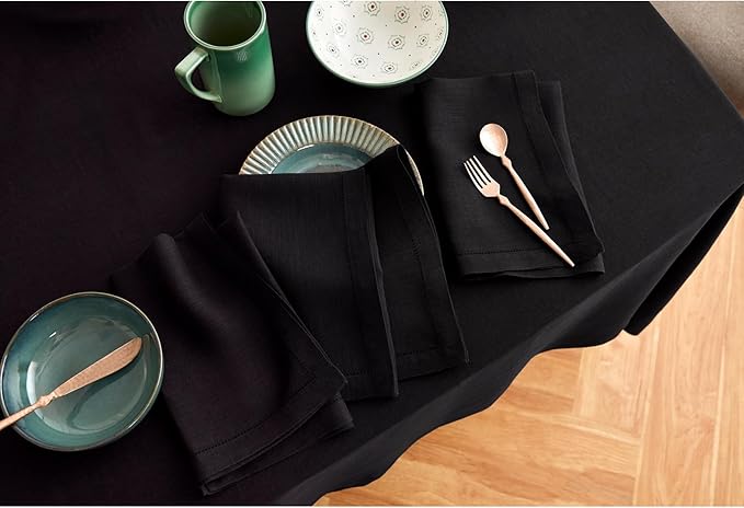 Solino Home Linen Tablecloth 70 x 132 Inch - Sonoma Hemstitch 100% Pure Linen Black Table Cloth for Rectangle Tables - Machine Washable Tablecloth for Winter, New Year