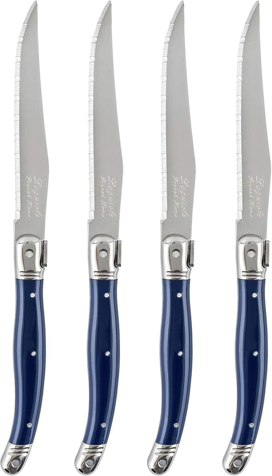 French Home Laguiole 4-Piece Steak Knife Set – Sophisticated Stainless Steel Dinner Knives with Navy Blue Handles & Iconic Bee Emblem – Serrated Knives for Smooth Cutting (9.25")