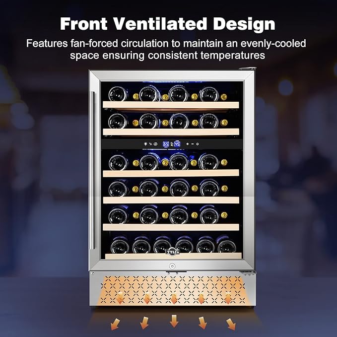 Tylza 24 Inch Wine Fridge, Dual Zone 54 Bottles Wine Refrigerator, Built-In or Freestanding, Safety Lock, Double-Layer Glass Door, Adjustable Shelves, Wine Cooler Refrigerator for Home Bar Kitchen