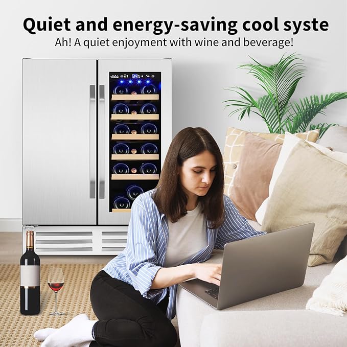24 Inch Wine and Beverage Refrigerator, Dual Zone Wine Beverage Cooler, Built-in/Freestanding Beer and Wine Fridge with a Powerful Compressor, 20 Bottles and 88 Cans Capacity