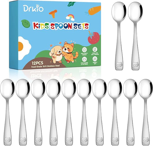 DRKIO Stainless Steel Toddler Spoons Set - 12 Pieces Kids Spoons Set Children Safe Food Grade Kids Silverware Small Spoon Metal Toddler Utensils Dishwasher Safe Mirror Polished