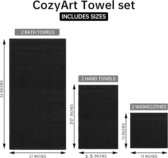 COZYART Black Bathroom Towel Sets 6Pcs 650 GSM 100% Cotton Bath Towel Set for Bathroom Super Absorbent Durable Luxury Set with 2 Bath Towels, 2 Hand Towels, 2 Washclothes