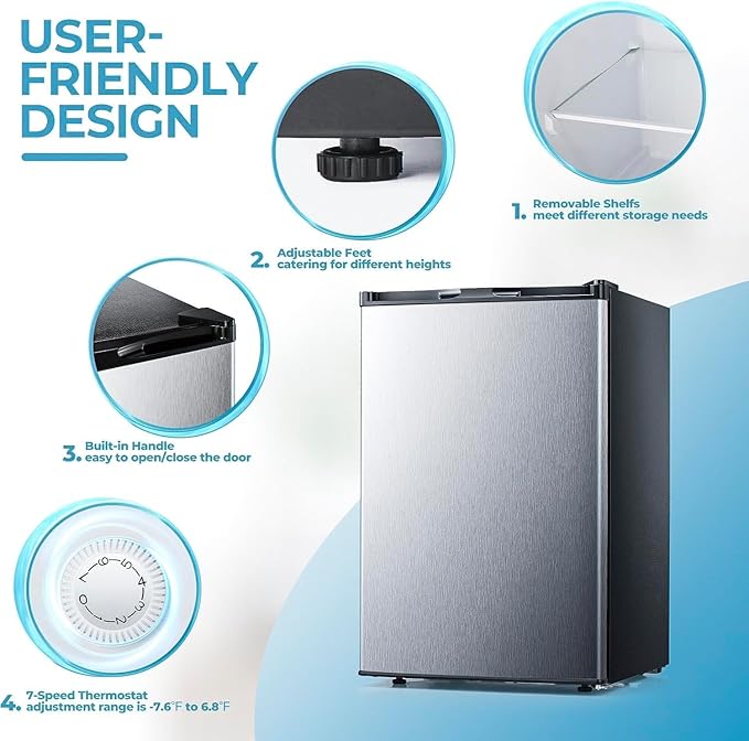 3.2 Cu.ft Small Freezer, Mini Upright Freezer with Adjustable Thermostat, Removable Shelves, Reversible Single Door, for Bedroom/Home/Dorms/Apartment, Silver